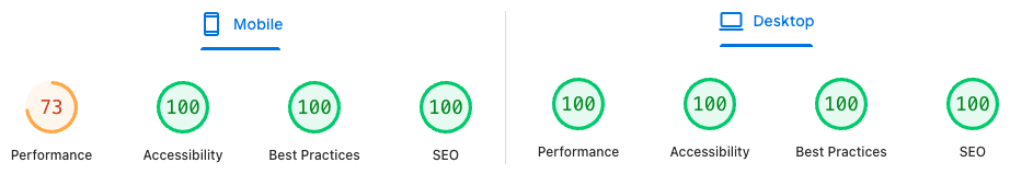 Google Lighthouse scores showing Mobile: 73 Performance, 100 Accessibility, 100 Best Practices, 100 SEO – and Desktop: 100 across all four categories
